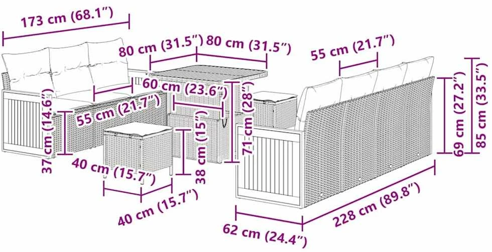 Sodo Sofų Rinkinys 10 vnt. 9-Vietų skaičius Pilka