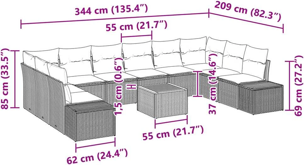 Lauko baldų komplektas Sodo Sofų Rinkinys 11 vnt. Pilka poliratanas