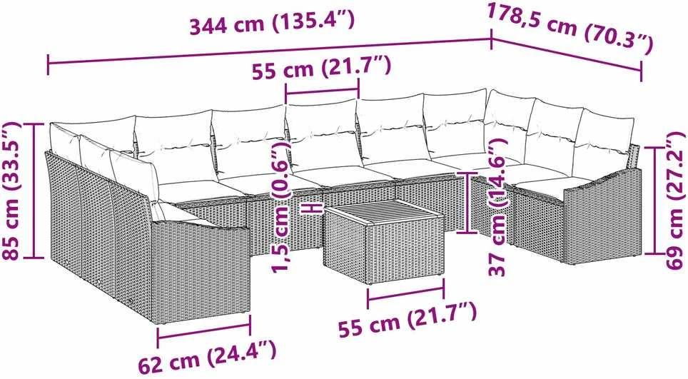 Sodo Sofų Rinkinys 11 vnt. Pilka poliratanas