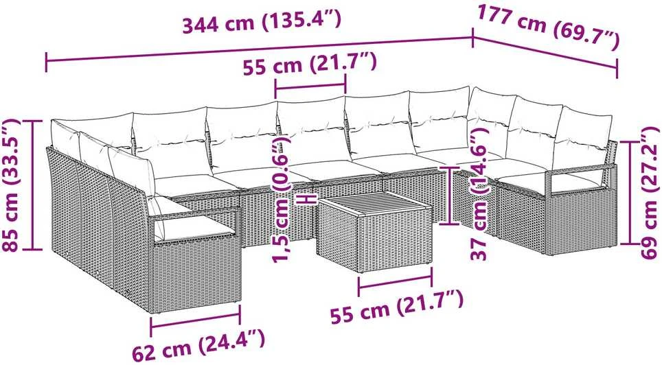 Lauko baldų komplektas Sodo Sofų Rinkinys 11 vnt. Pilka poliratanas