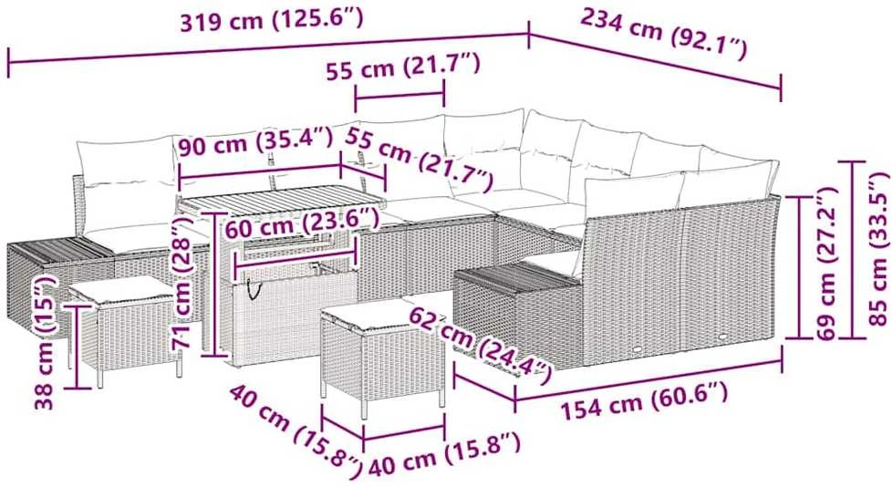 Sodo Sofų Rinkinys 12 vnt. 11-Vietų skaičius Juoda Poli ratanas