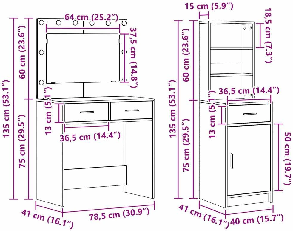 Makiažo stalas 2 vnt. Pilka 78,5 x 41 x 135 cm Apdirbta mediena