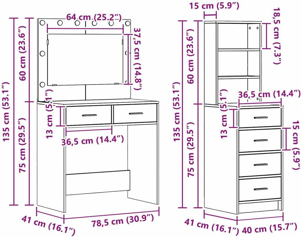Makiažo stalas 2 vnt. Balta 78.5 x 41 x 135 cm Apdirbta mediena