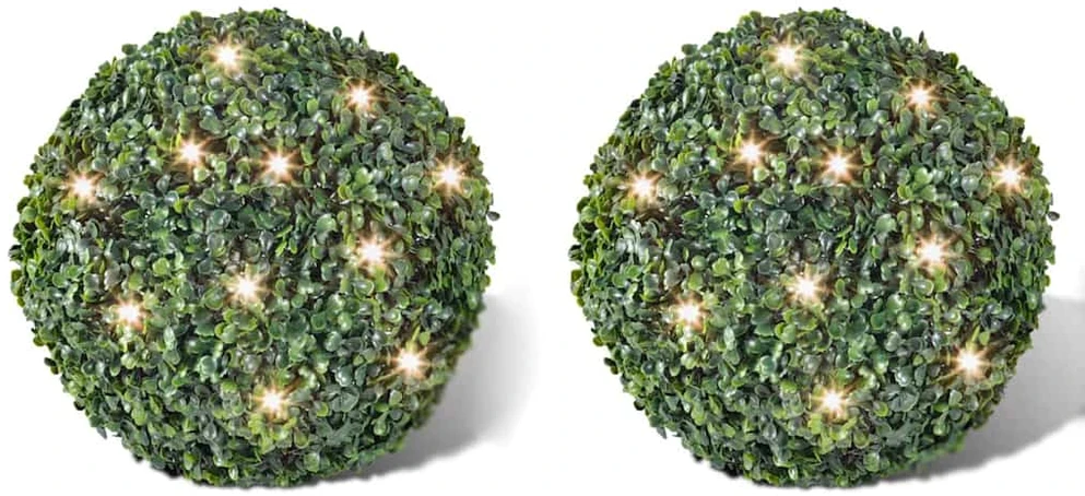 2 Dekoratyviniai Apvalios Formos Buksmedžiai 35 cm, su LED Girlianda
