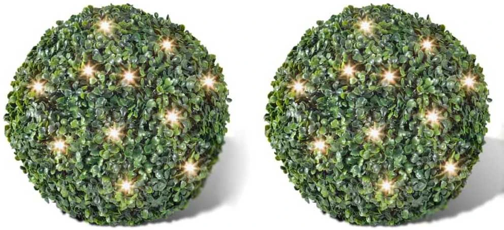 2 Dekoratyviniai Apvalios Formos Buksmedžiai 35 cm, su LED Girlianda