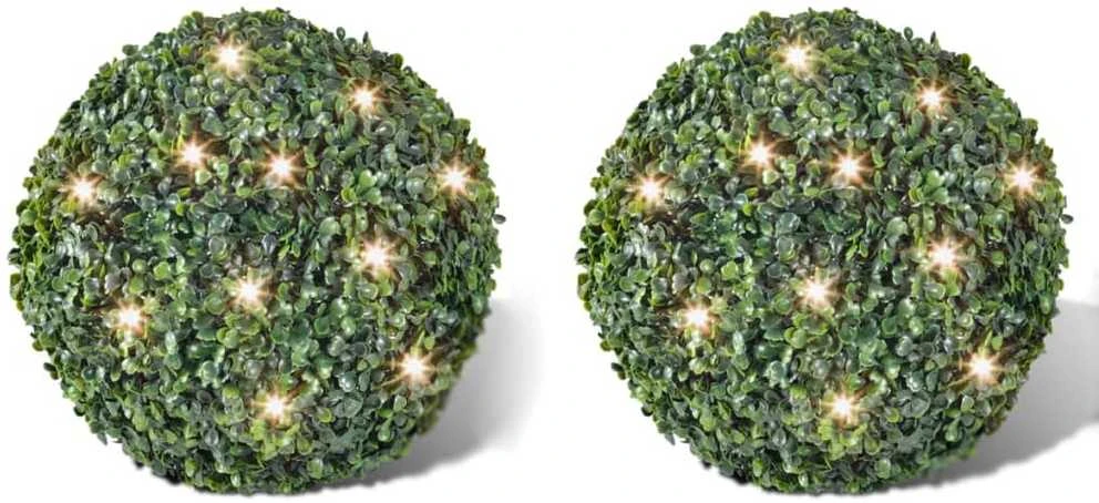 2 Dekoratyviniai Apvalios Formos Buksmedžiai 35 cm, su LED Girlianda