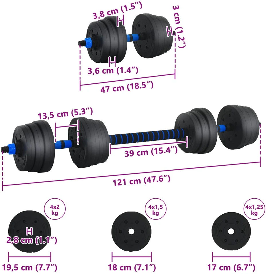 2-in-1 hantelių ir štangos rinkinys 20 kg Juoda ir mėlyna