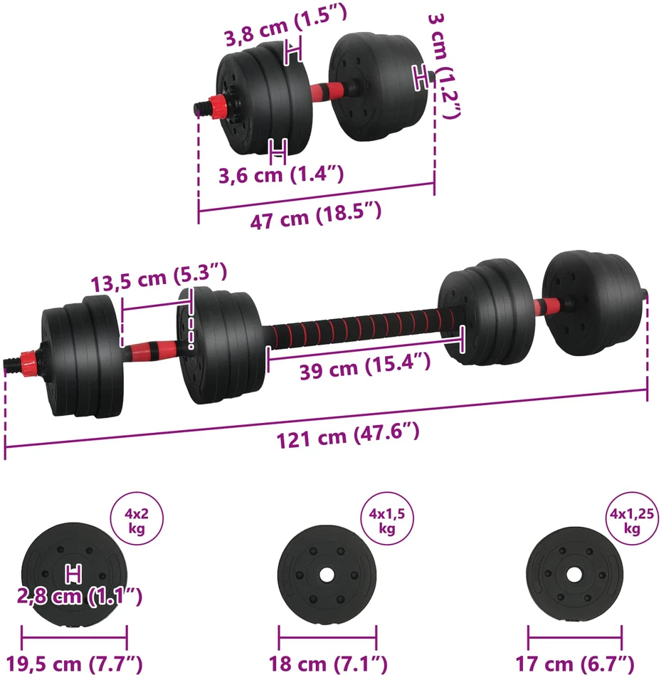 2-in-1 hantelių ir štangos rinkinys 20 kg Juoda ir raudona