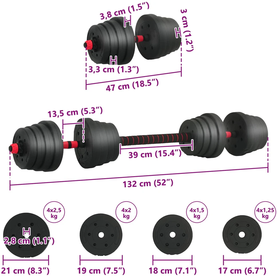 2-in-1 hantelių ir štangos rinkinys 30 kg Juoda ir raudona