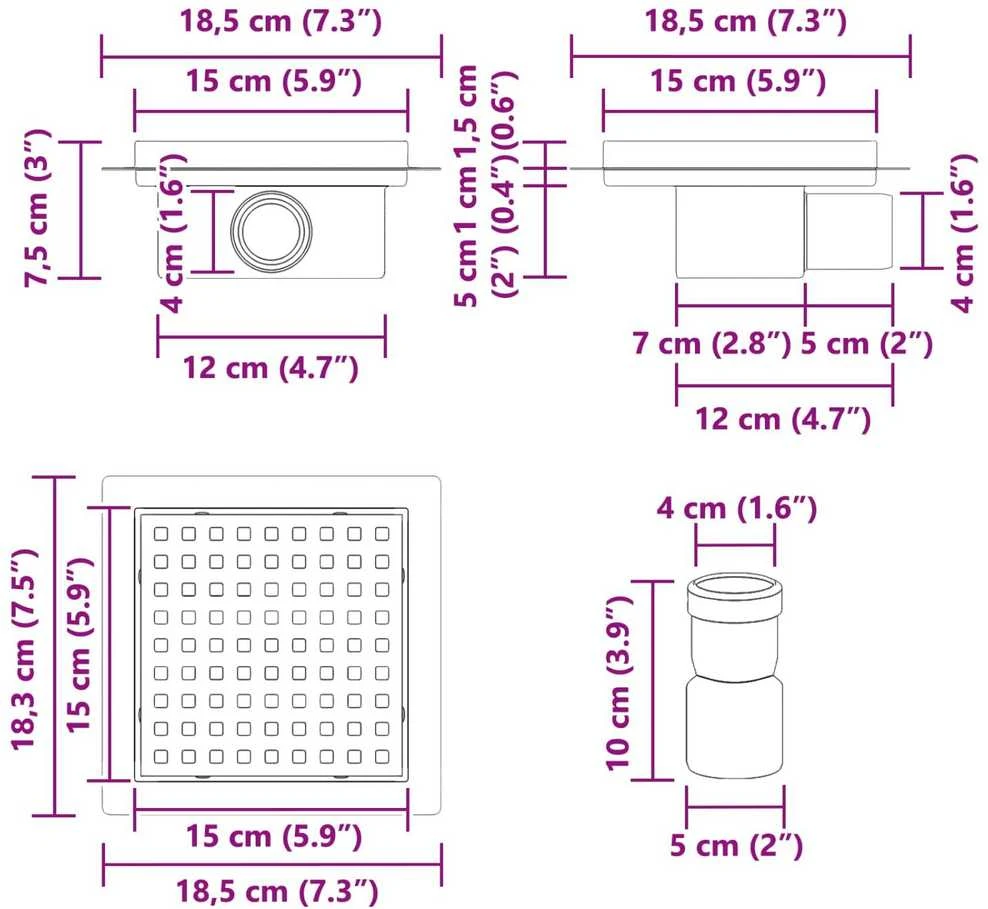 Taškų dušo drenažas Sidabro 15 x 15 cm Nerūdijantis plienas 304
