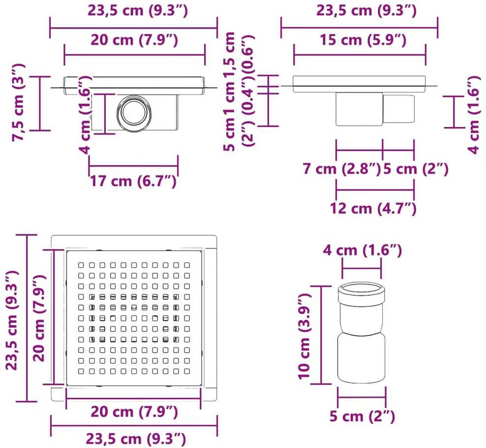 Taškų dušo drenažas Sidabro 20 x 20 cm Nerūdijantis plienas 304