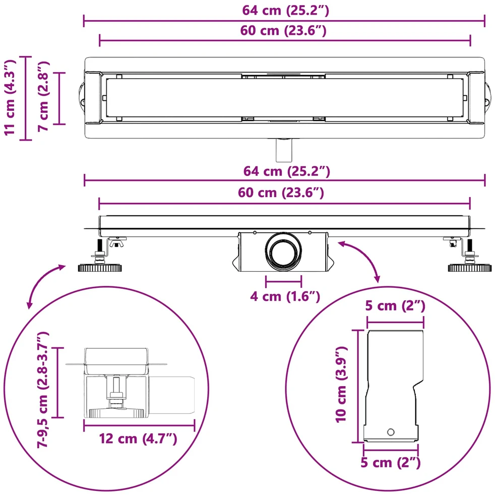 2 viename dušo nutekėjimas Juoda 60 cm Nerūdijantis plienas 304
