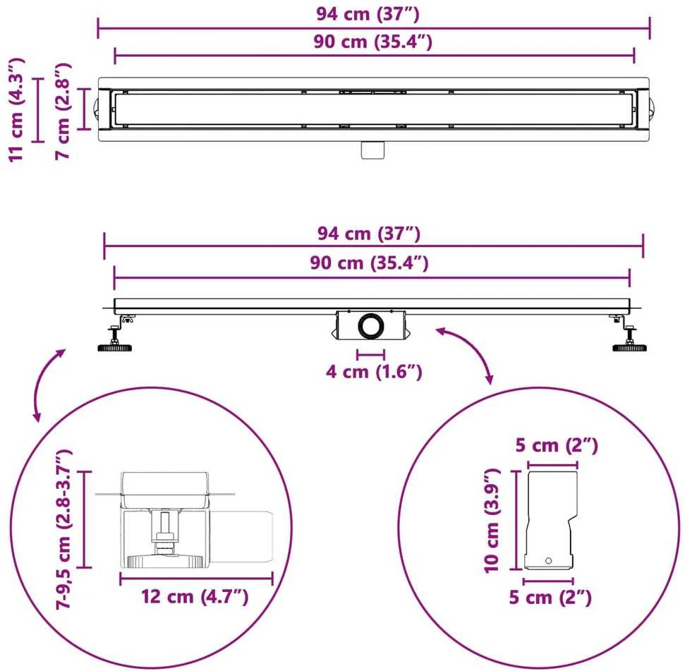 2 viename dušo nutekėjimas Juoda 90 cm Nerūdijantis plienas 304