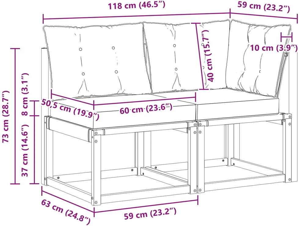 2 vnt. Lauko vidurinė ir kampinė sofa Natūrali