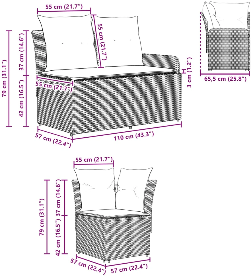 2 vnt. Sofa su porankiais su kampine sofa PE ratanas
