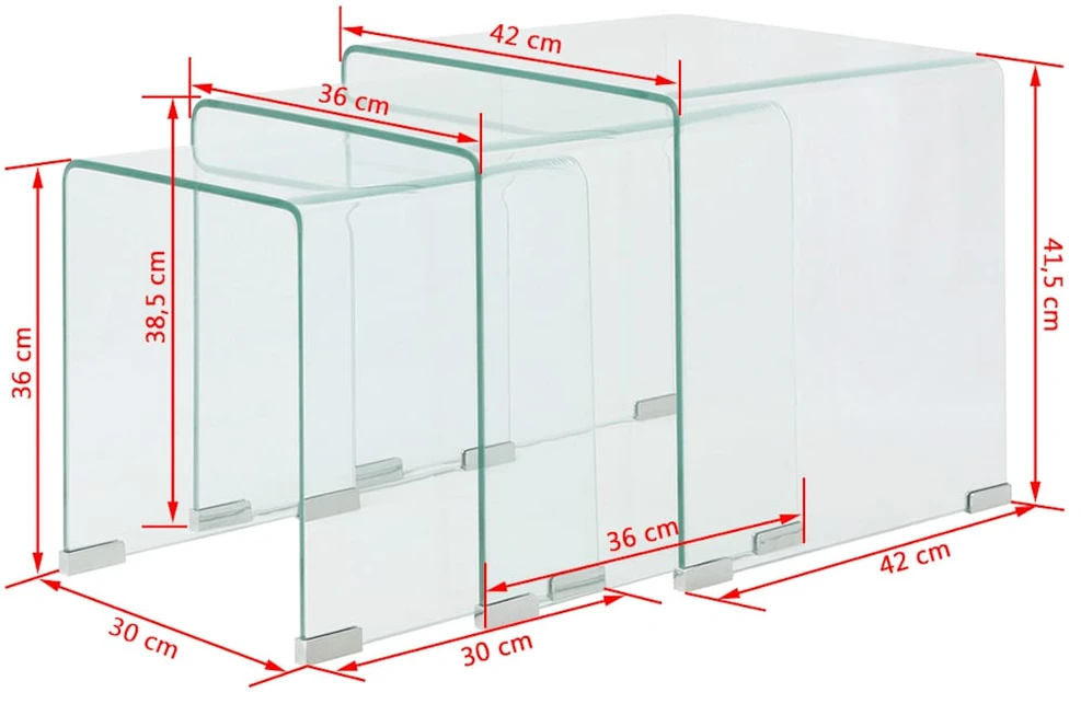 3 d. sustumiamų staliukų kompl., grūdintas stiklas, skaidrus