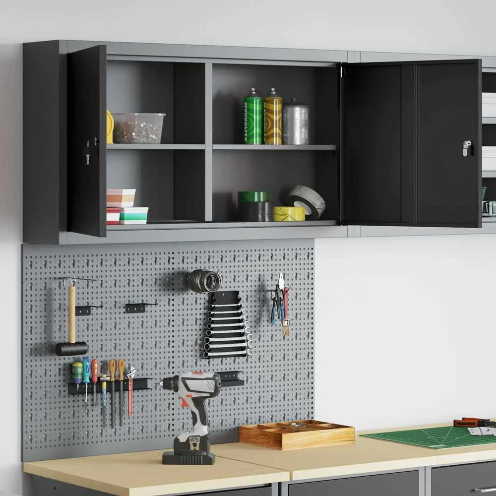 Įrankių spintelių rinkinys su lentyna su saugykla 3 pcs Juoda
