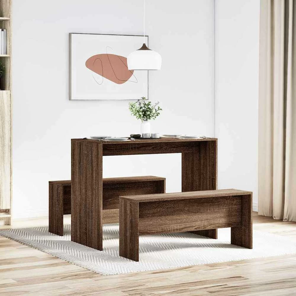 3 dalių valgomojo stalo ir suoliukų rinkinys Brown Oak