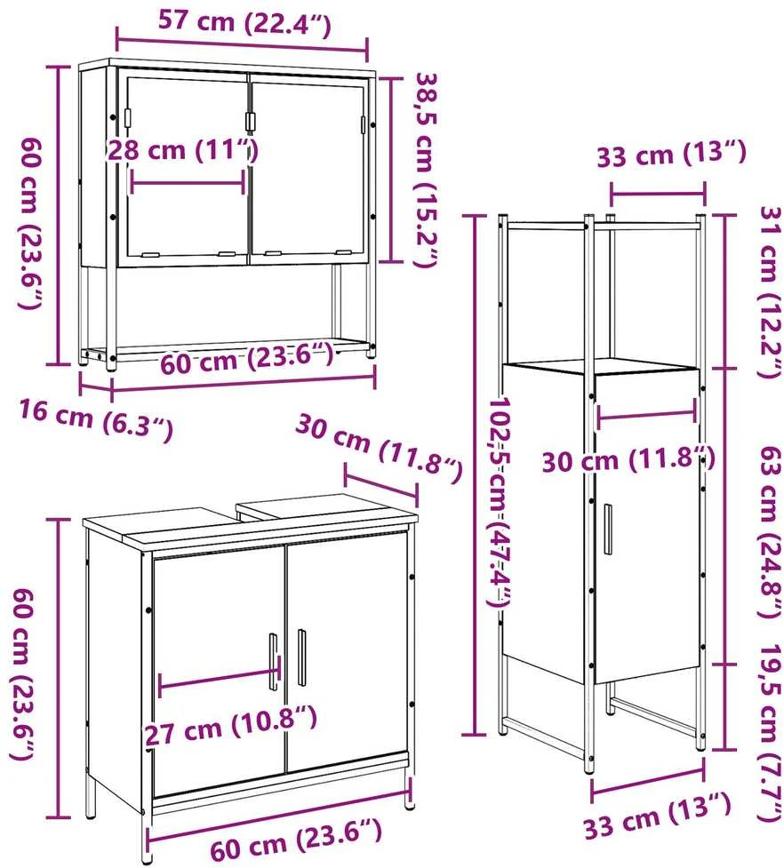 Vonios baldų rinkinys 3 vnt. Ruda 33 x 33 x 113,5 cm