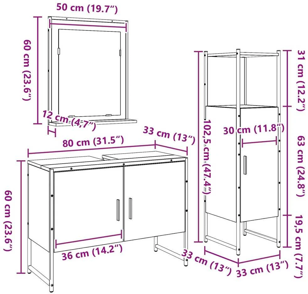 Vonios baldų rinkinys 3 vnt. Ruda 33 x 33 x 113.5 cm