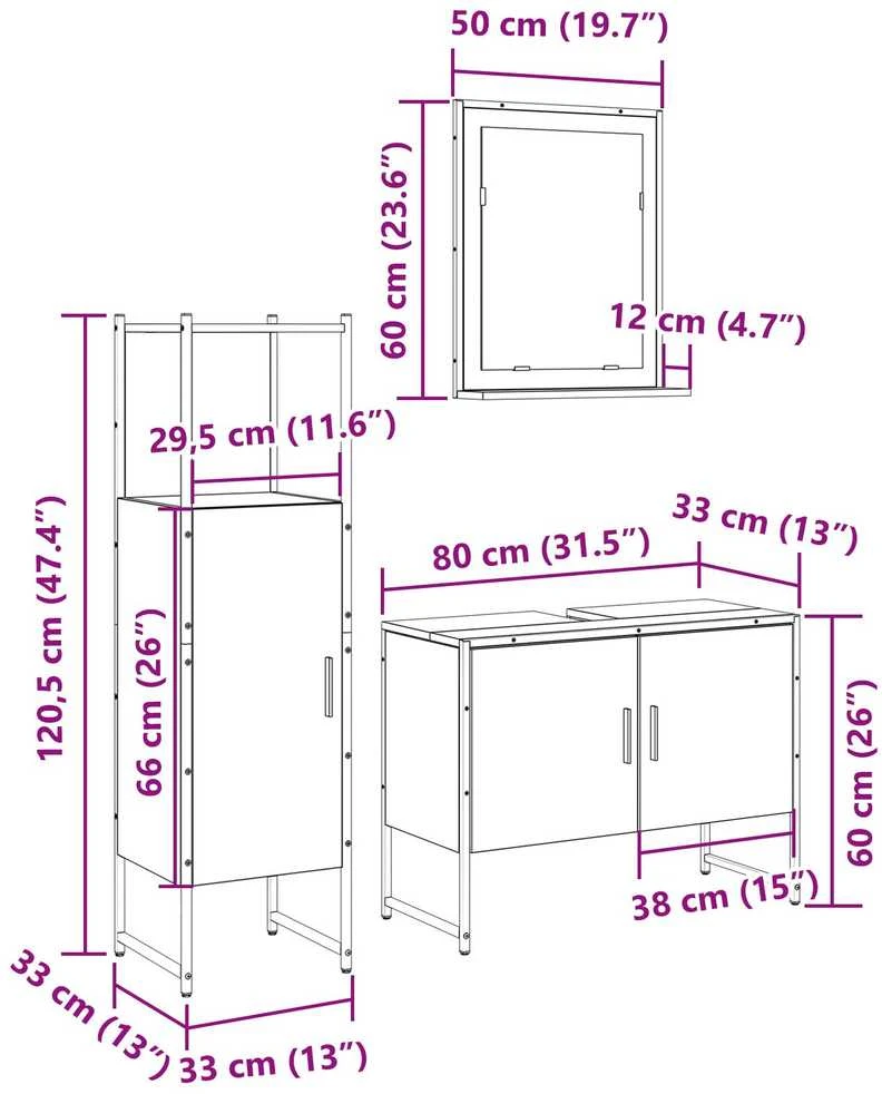Vonios baldų rinkinys 3 vnt. Ruda 33 x 33 x 120,5 cm