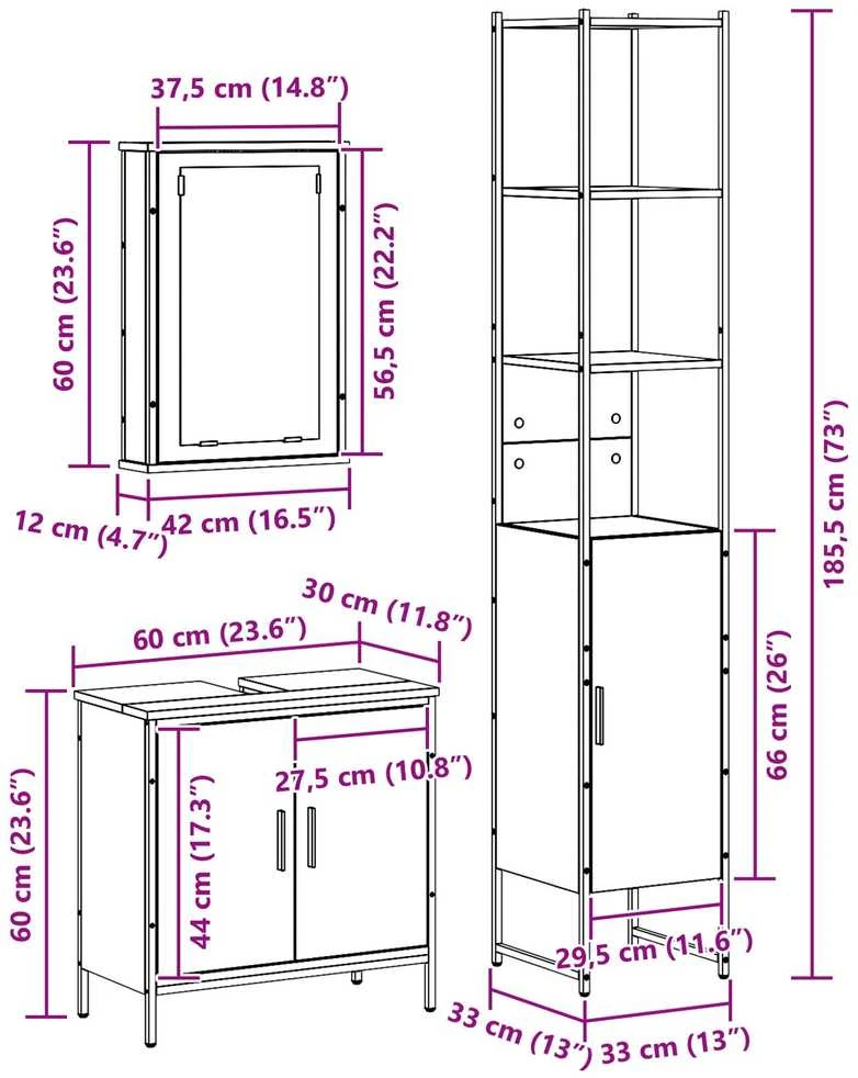Vonios baldų rinkinys 3 vnt. Juoda 33 x 33 x 185,5 cm