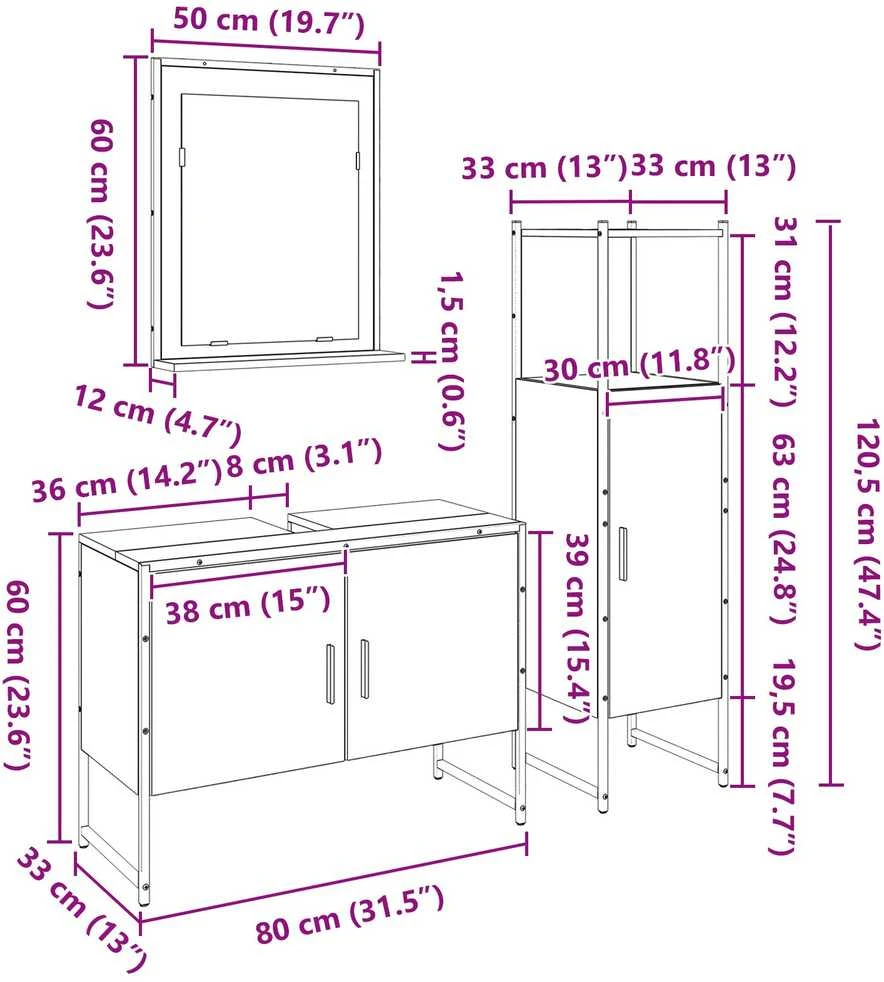 Vonios baldų rinkinys 3 vnt. Juoda 33 x 33 x 113.5 cm