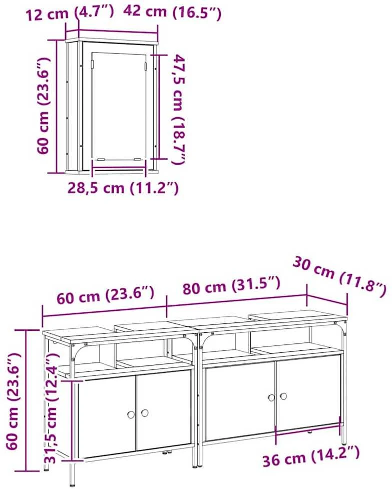 Vonios baldų rinkinys 3 vnt. Ruda 80 x 30 x 60 cm