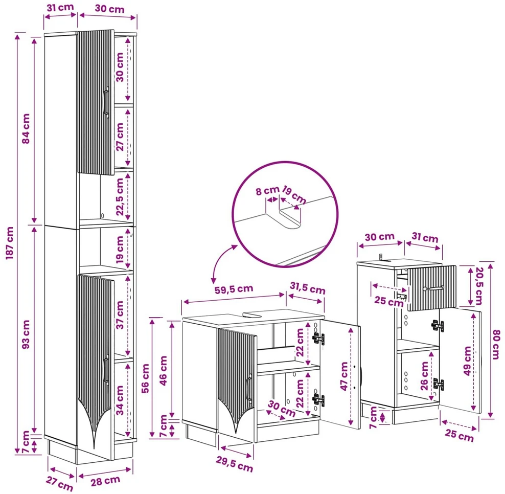 3 dalių vonios spintelių komplektas HOORN Apdirbta mediena
