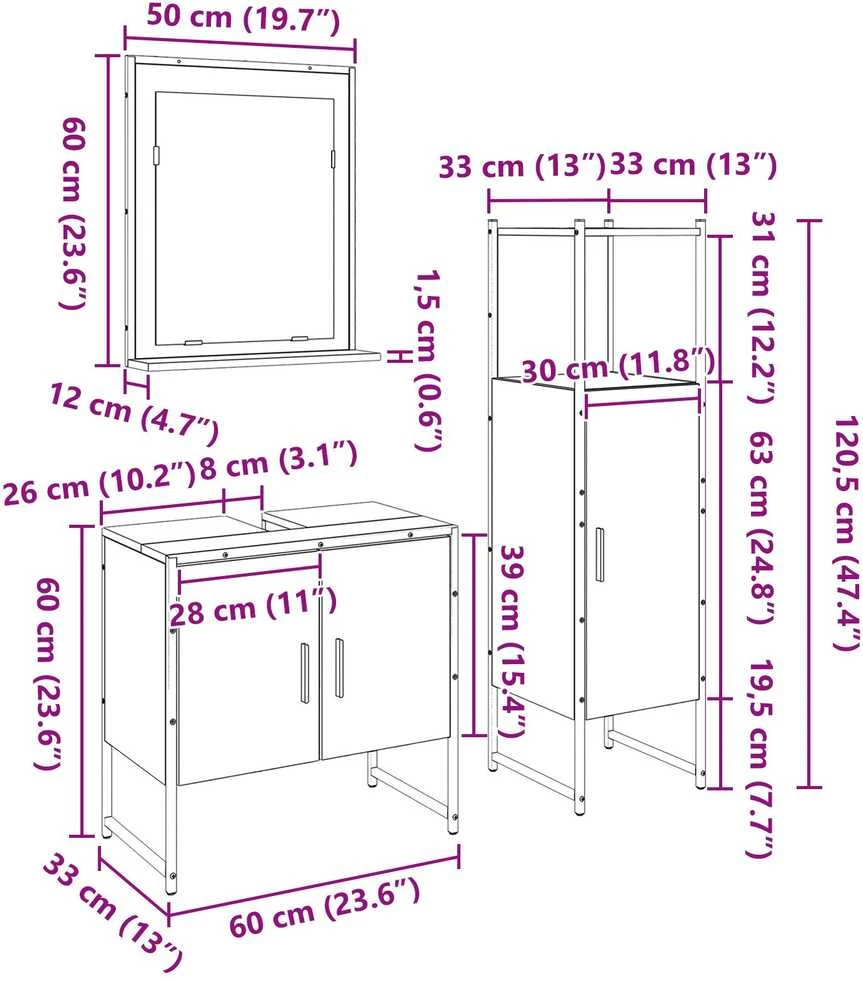 Vonios baldų rinkinys 3 vnt. Juoda 33 x 33 x 102,5 cm