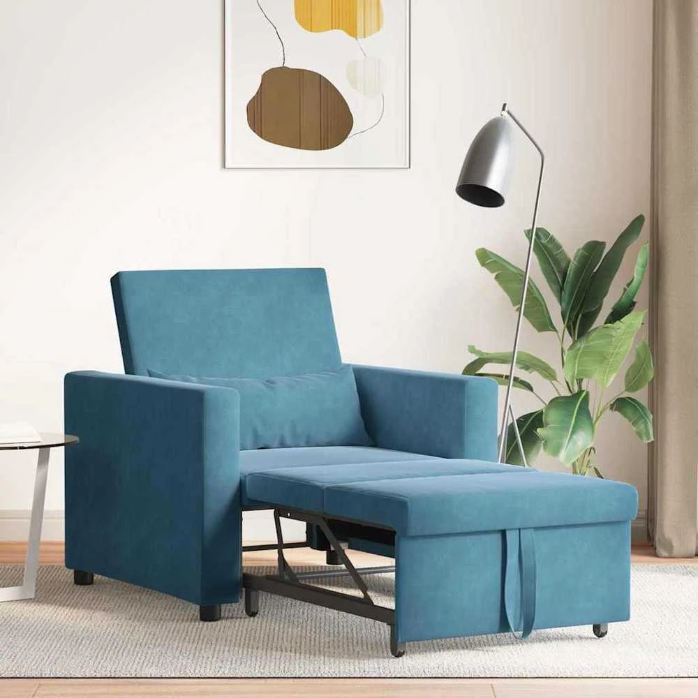 Ištraukiamas sofa-lova vienvietis su ratais Mėlyna Aksomas
