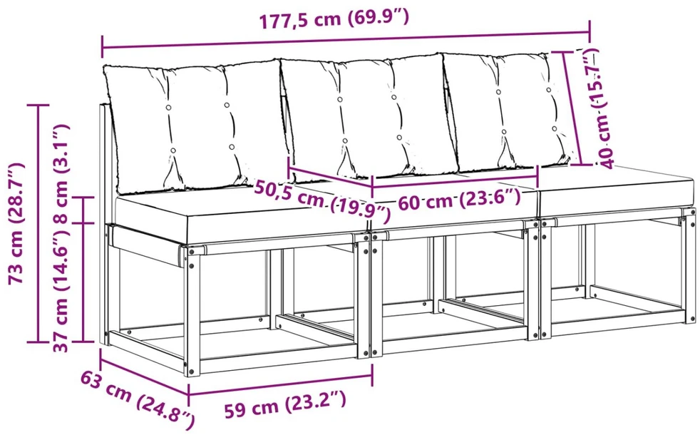 3 vnt. Lauko Vidurinis Sofa Balta