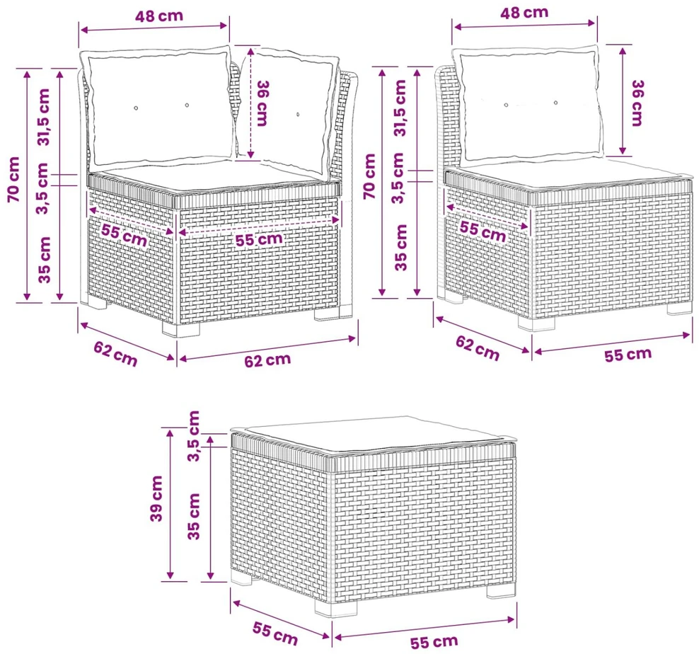 3-vietė sodo sofa su pagalvėlėmis, Rattan išvaizda PP Antracito
