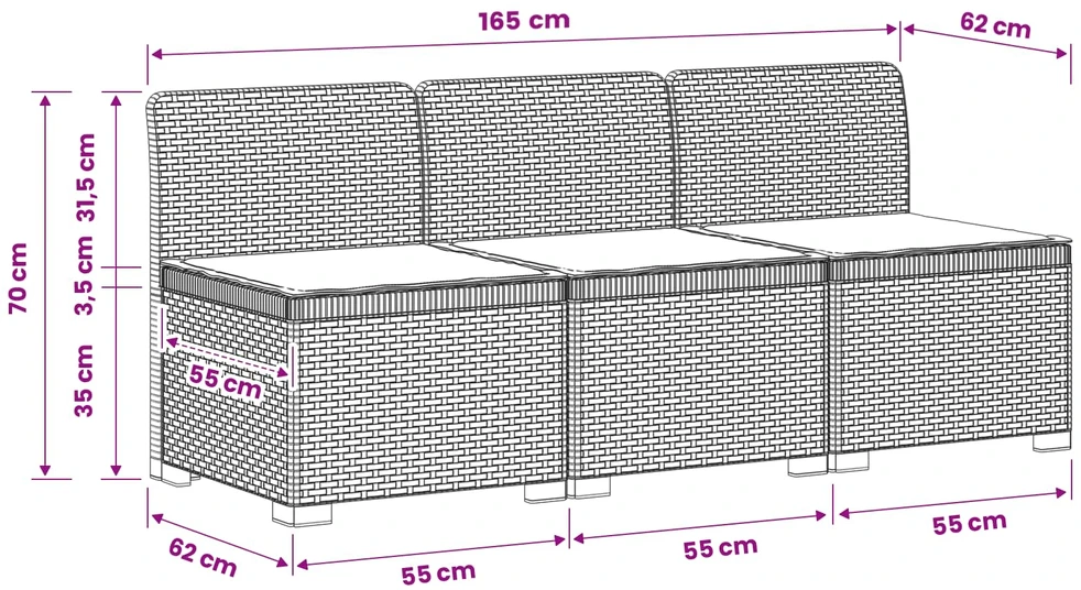 3-vietė sodo sofa su pagalvėlėmis, Rattan išvaizda PP Balta