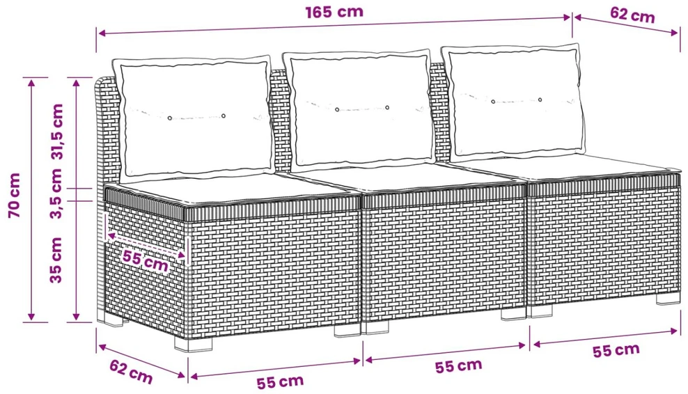 3-vietė sodo sofa su pagalvėlėmis, Rattan išvaizda PP