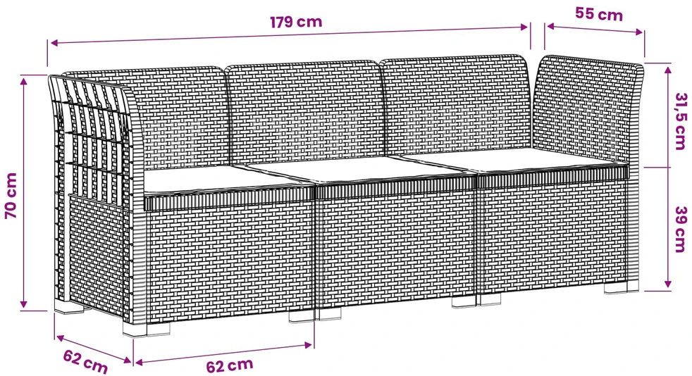 3-vietė sodo sofa su pagalvėlėmis, Rattan išvaizda PP Ruda