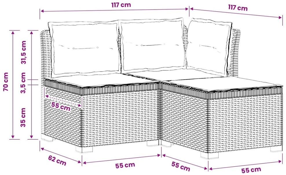 3-vietė sodo sofa su pagalvėlėmis, Rattan išvaizda PP Antracito