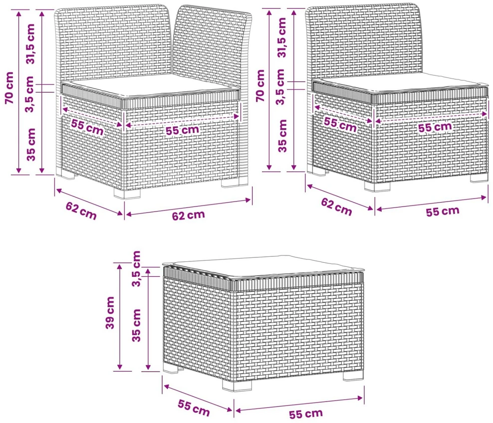 3-vietė sodo sofa su pagalvėlėmis, Rattan išvaizda PP