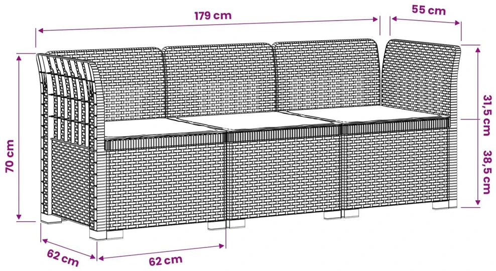 3-vietė sodo sofa su pagalvėlėmis, Rattan išvaizda PP Balta