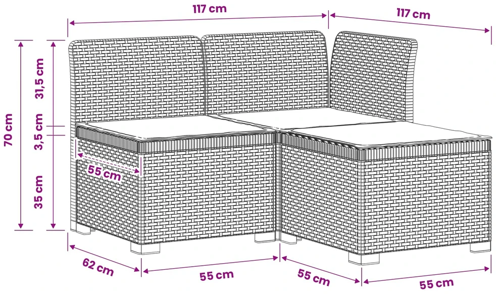 3-vietė sodo sofa su pagalvėlėmis, Rattan išvaizda PP Balta