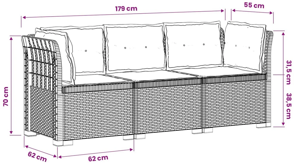 3-vietė sodo sofa su pagalvėlėmis, Rattan išvaizda PP Balta