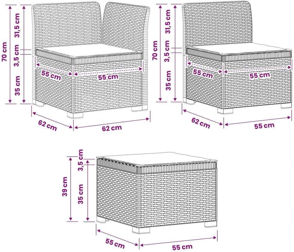 3-vietė sodo sofa su pagalvėlėmis, Rattan išvaizda PP Balta
