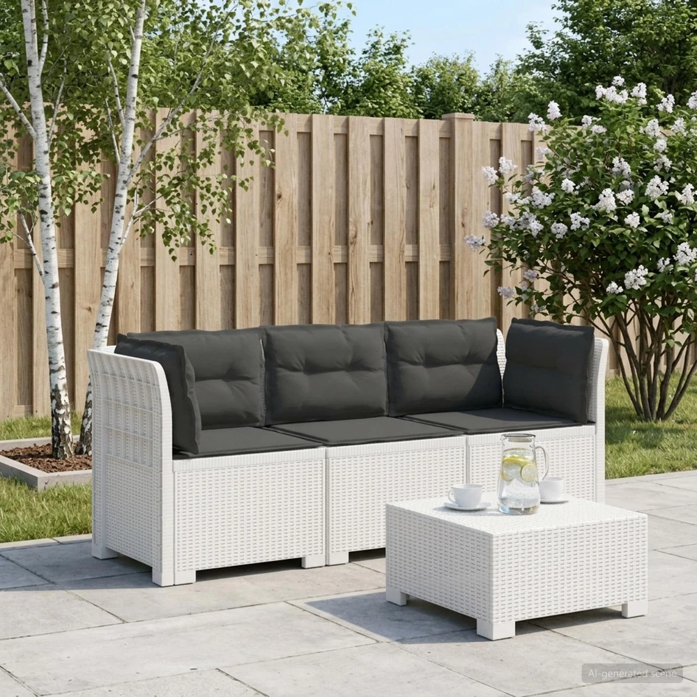 3-vietė sodo sofa su pagalvėlėmis, Rattan išvaizda PP Balta