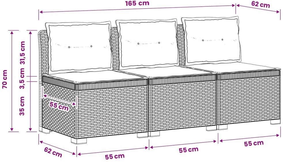 3-vietė sodo sofa su pagalvėlėmis, Rattan išvaizda PP Ruda