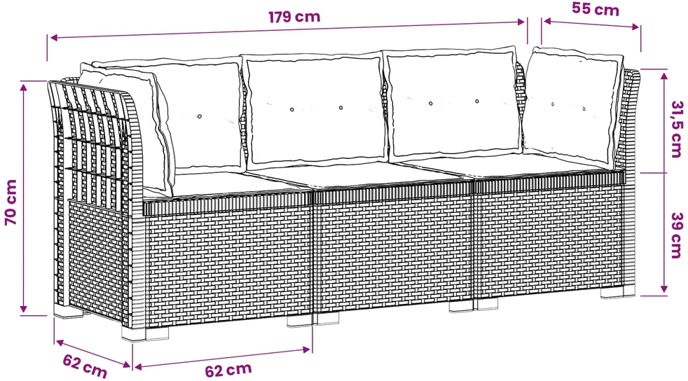 3-vietė sodo sofa su pagalvėlėmis, Rattan išvaizda PP Balta
