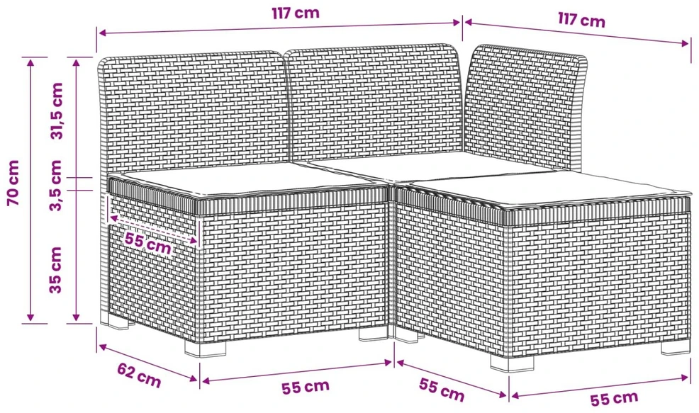 3-vietė sodo sofa su pagalvėlėmis, Rattan išvaizda PP