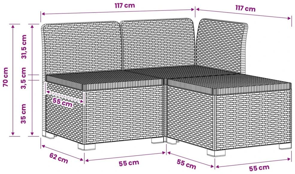 3- vietis Sodas Sofas Ratanas PP Antracito