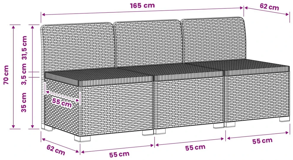 3- vietis Sodas Sofas Ratanas PP Balta