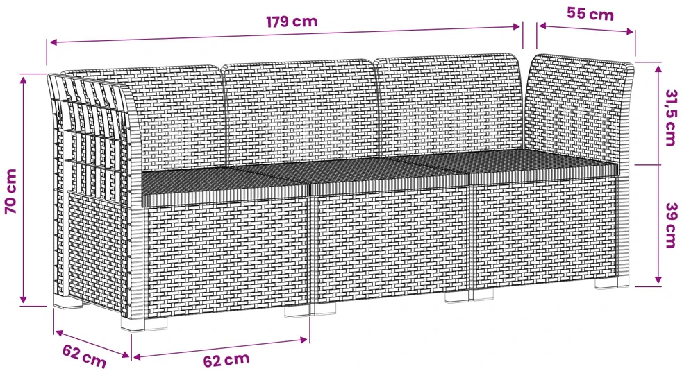 3- vietis Sodas Sofas Ratanas PP Balta