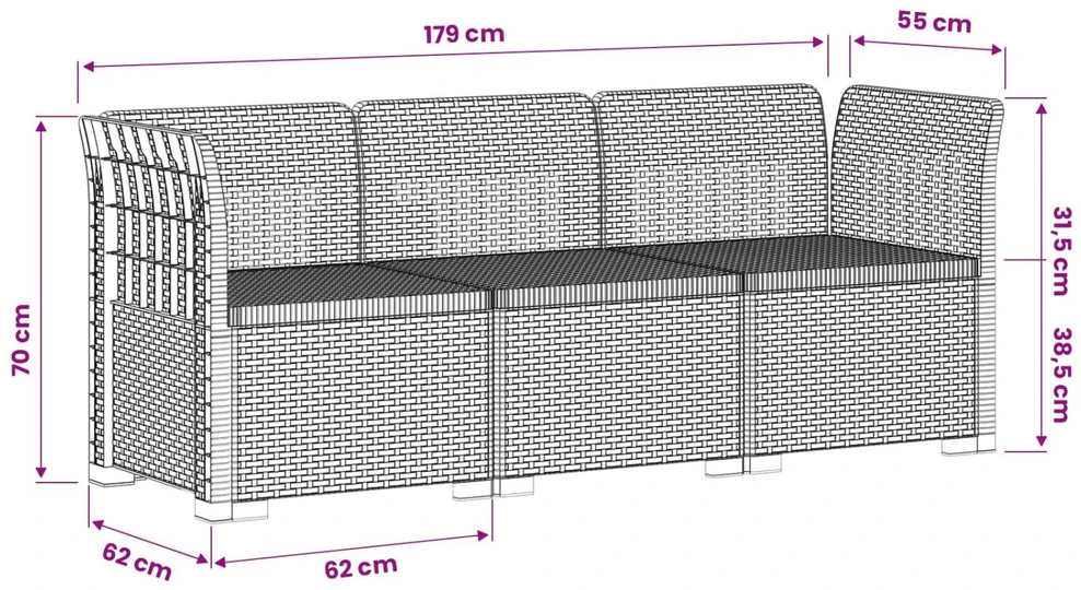 3- vietis Sodas Sofas Ratanas PP Balta